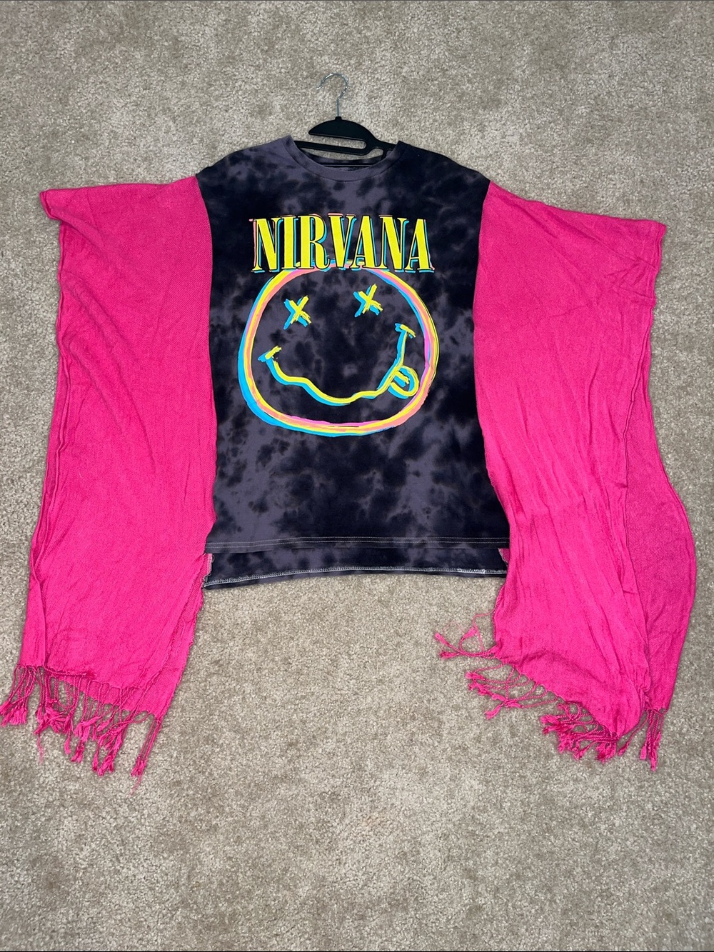 NIRVANA Black Tie-Dye Tee with Hot Pink Draped Sleeves